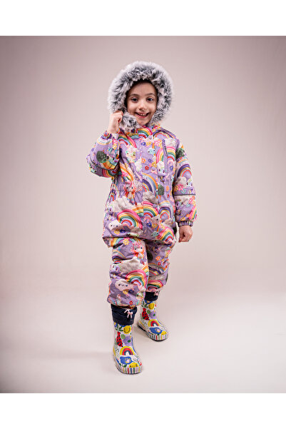 Next Baby Su Geçirmez Suni Kürk Süslemeli Baskılı Mor Unicorn Kar Tulumu