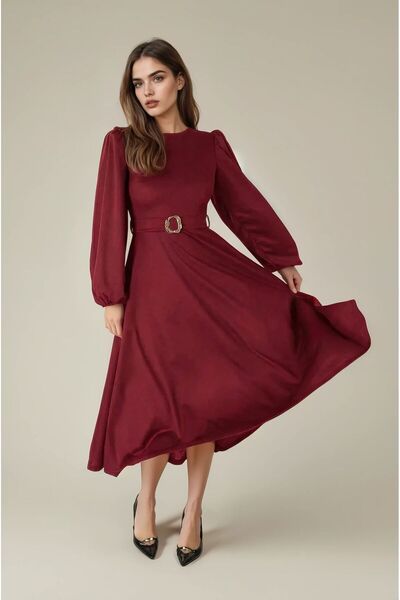 OLSAMODA Women's Princess Sleeve with Belt and Buckle Detail Flexible Fabric ...