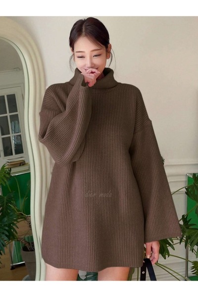 Dier Moda Women's Yellow Turtleneck Off Shoulder Wide Cut Knitwear Sweater Fm...