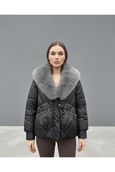 Rabiossa Women's Stone-Embellished Puffer Fur Coat