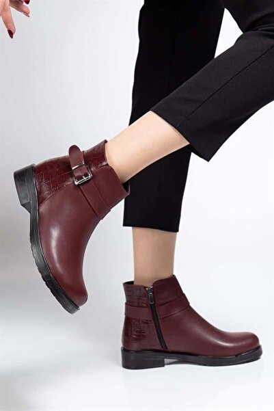 sibel gürel 165-204/1 Bordo Kroko Toka Aksesuarlı Fermuarlı Günlük Kadın Bot