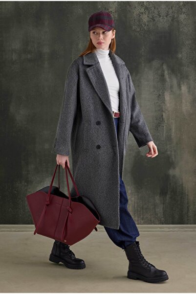 HEQA Double-Breasted Long Coat Anthracite