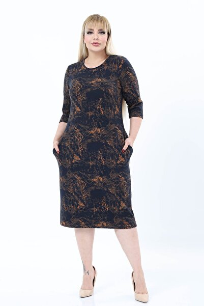 modayız Double Pocket Patterned Stretchy Winter Plus Size Midi Dress 46E-2771