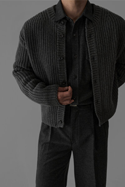 Tarz Cool Smoked Men's Slim Fit Cotton Round Neck Buttoned Cardigan