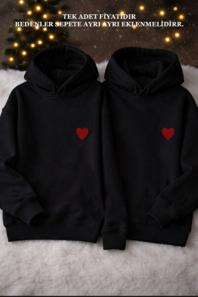 MODA Red Heart Printed Valentine's Day Gift February 14 Black Hooded Sweatshi...