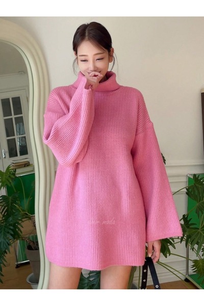 Dier Moda Women's Yellow Turtleneck Off Shoulder Wide Cut Knitwear Sweater Fm...