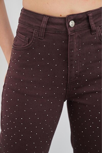 Butik Acı Kahve Taşlı Kot Pantolon Likralı Palazzo