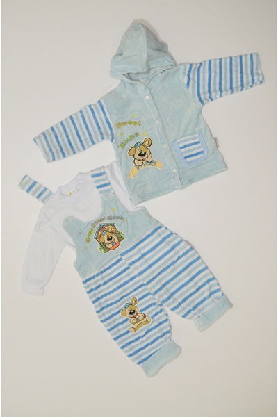 Baby Slon Kids Clup Kışlık kadife üçlü köpek nakışlı çıtçıt kapamalı kapüşonl...