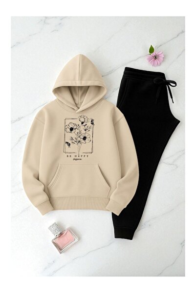 PENTHİLUS Unisex Flower Printed 3 Thread K Hooded Sweatshirt Tracksuit Set