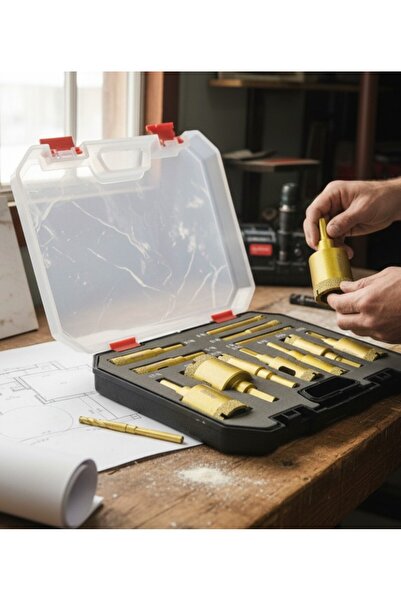 lstri Mermer, Fayans ve Taş Kesim12'li Set Kırmızı 6-35mm Delik Testere, Kutu...