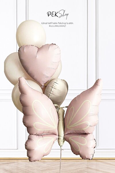 PEKSHOP Retro Pembe Kelebekli Kalp Balonlu Balon Seti