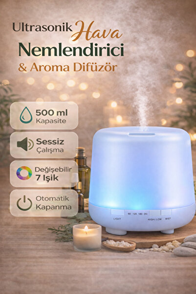 MO DOU 500 ml Ultrasonik Hava Nemlendirici & Aroma Difüzörü | 7 Renk LED, Ses...