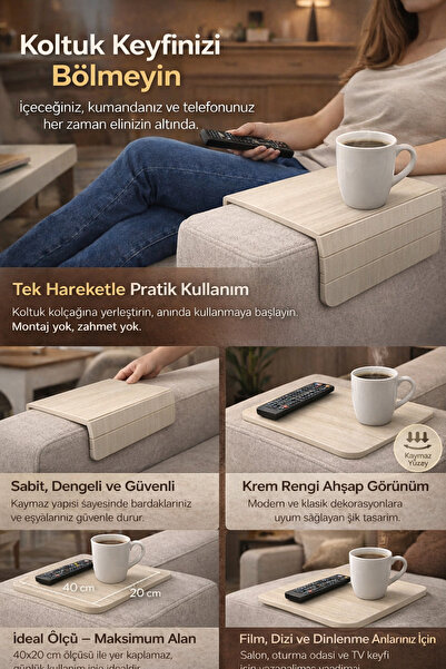 HGROUP Koltuk Kolçak Sehpası Kahverengi 40x20cm – Bardak ve TV Kumandası İçin...