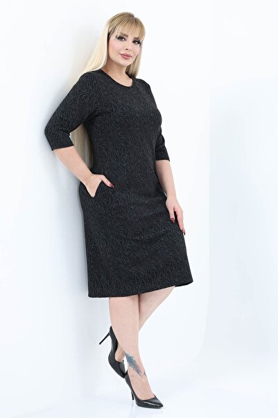 modayız Double Pocket Patterned Stretchy Winter Plus Size Midi Dress 46D-2770