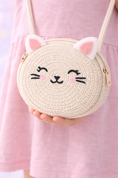 Selvira Kız Çocuk Hasır Kedi Figürlü Omuz Çantası – Yuvarlak Tasarım, Hafif v...