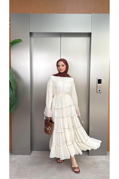 silanbutikco V Yaka güpürlü Şifon elbise