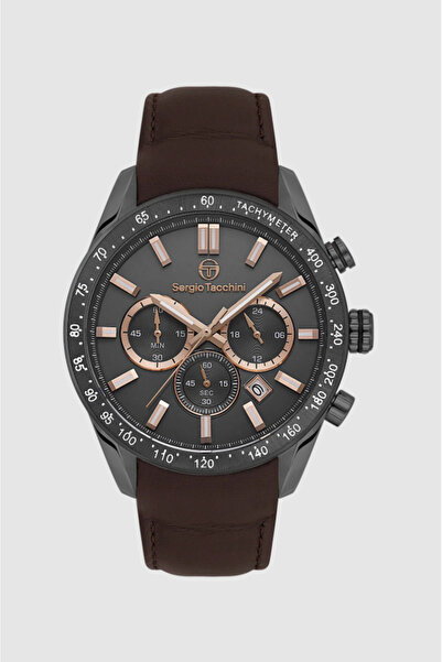 Sergio Tacchini St.1.10441-5 Tachymeter Leather Cord Functions Active Brown M...