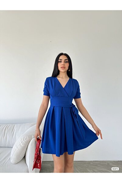 merysare Women's Double-Breasted Collar Short Sleeve Mini Flared Dress