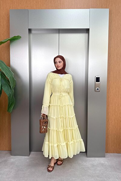 silanbutikco V Yaka güpürlü Şifon elbise