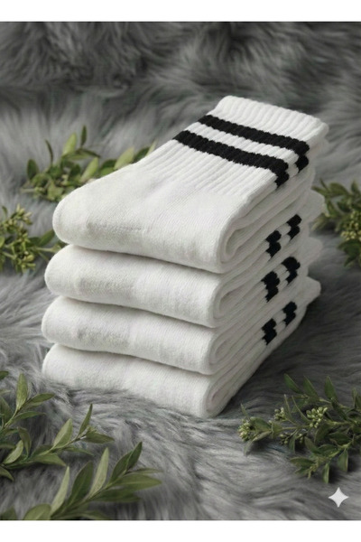 Üstünel çorap Pack of 4 Unisex White Ribbed College Socks - Cotton Half-Tube Sports Tennis Socks