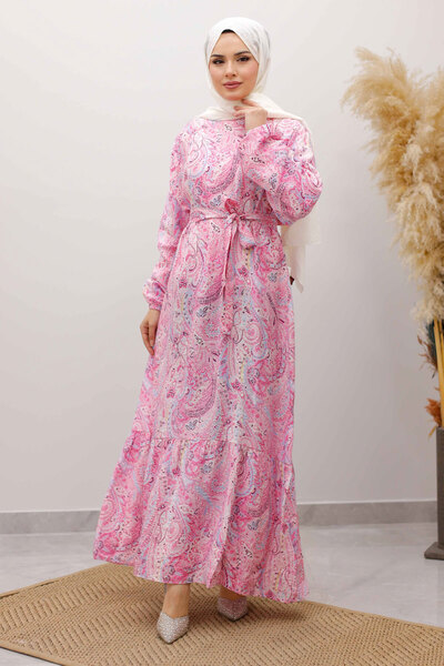 Tesettür Dünyası Shawl Pattern Belted Dress Tsd260107 Pink