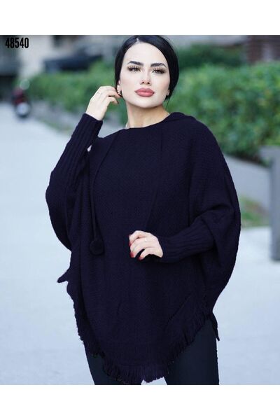 merysare Women's hooded tassel detailed knit poncho sweater