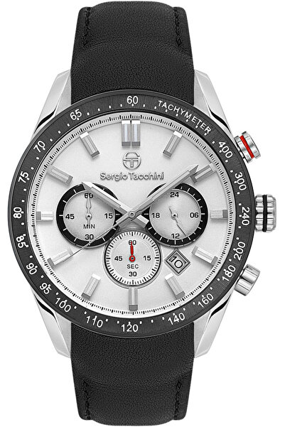 Sergio Tacchini St.1.10441-1 Tachymeter Leather Band Functions Active Black C...