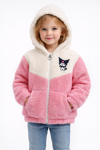 Uğur bebe Kromi Patterned Cream-Pink Plush Hooded Zippered Girl's Cardigan | ...