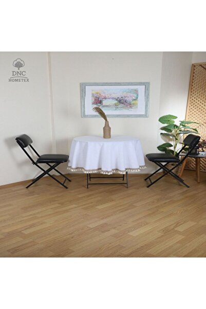 DNC HOMETEX مفرش طاولة دائري من الكتان الأبيض الفاخر مع خطوط بنية