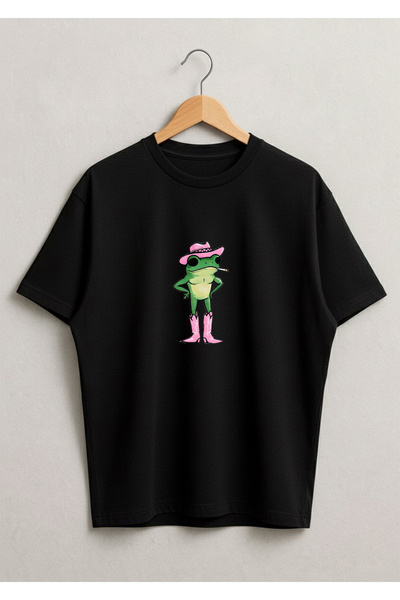 LORVEX Tricou unisex din bumbac supradimensionat cu imprimeu Broasca in cizme...