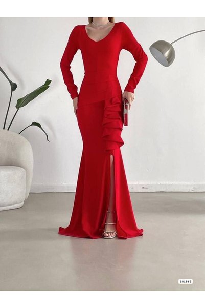 Esinty Trend Women's V-Neck Skirt Ruffled Slit Crepe Evening Dress