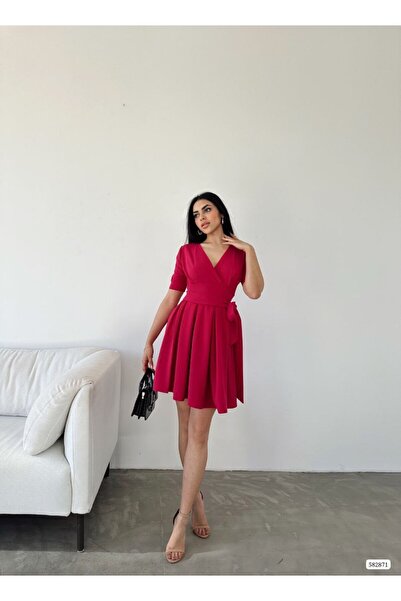 merysare Women's Double-Breasted Collar Short Sleeve Mini Flared Dress