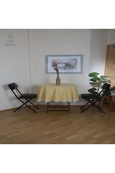 DNC home tekstil Yellow Premium Linen Round Raw Pompom Tablecloth