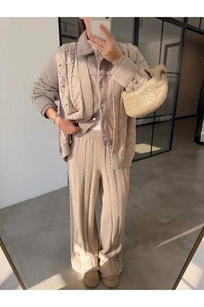 Lavanta Tekstil Shirt Detailed Knitwear Cardigan Pants Set