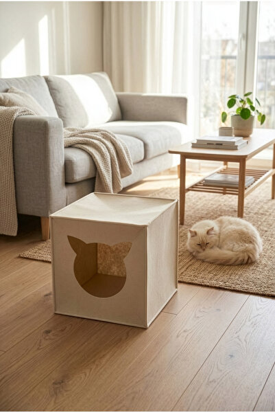 YUNUSOĞLU HOME Bej Keçe Kedi Yuvası Dekoratif Mama Kabı Altlığı Hediyeli Orga...