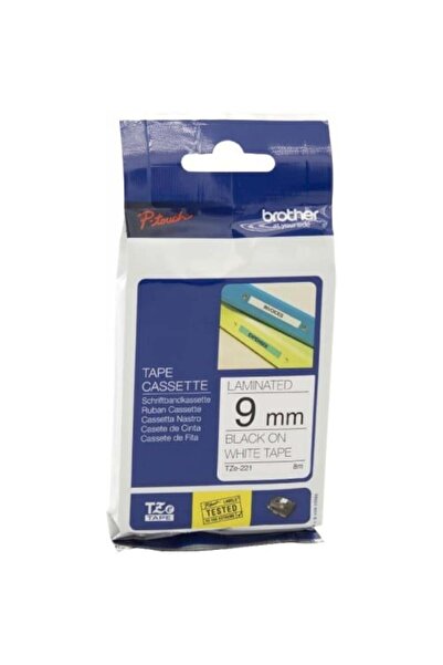 Brother شريط لاصق أصلي موديل TZe-221، بعرض 9 مم، باللون الأسود مع كتابة بيضاء.