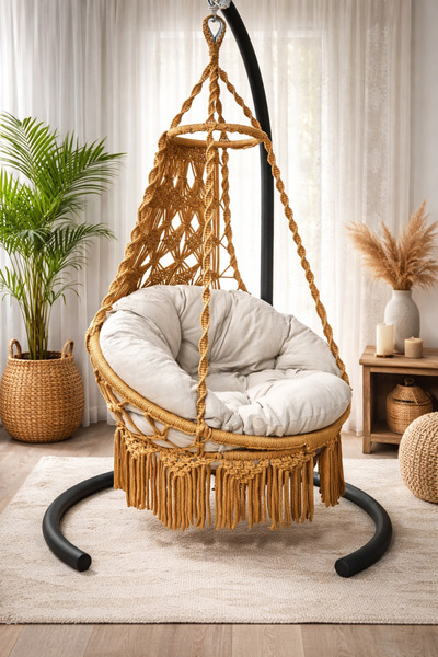 WOODSHUT Tek Kişilik Makrome El Örgüsü Salıncak MİS38001 Sarı (Sadece Salıncak)