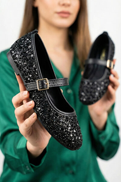 StWenn Glittery Sequin Mary Jane Ballet Flats with Stylish Buckle and Orthope...