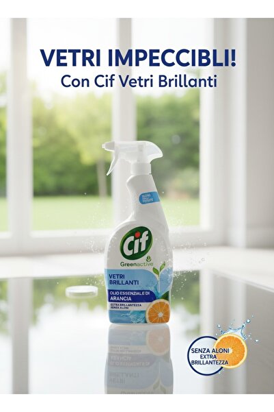 Cif Spray Curățare Geamuri Greenactive Vetri Brillanti, 650 ml – Cu Ulei Esen...