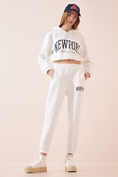 Yasmy Collection Women's White Hooded Printed Fleece Top Crop Inside Ribbed T...