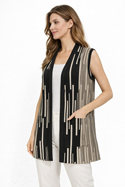 Uludağ Triko kadın siyah-vizon şeritli cepli v yaka triko yelek