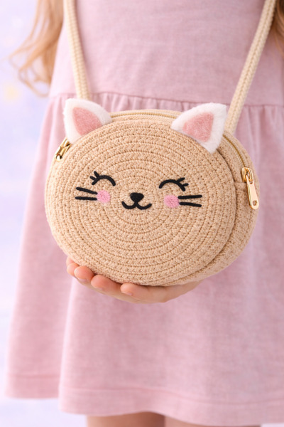 Selvira Kız Çocuk Hasır Kedi Figürlü Omuz Çantası – Yuvarlak Tasarım, Hafif v...
