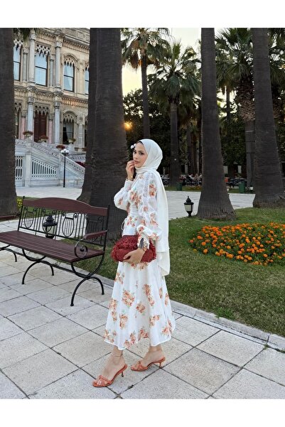 silanbutikco Çiçekli korse detaylı keten elbise