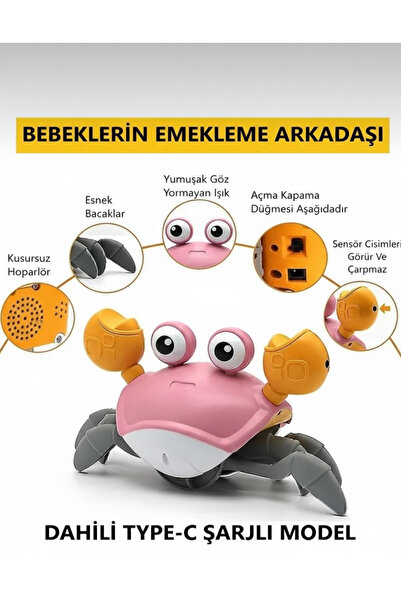 ZİVENTA Pembe Eğlencel Sağa Sola Hareket Eden Oyuncak Yengeç Emeklemeye Yardm...