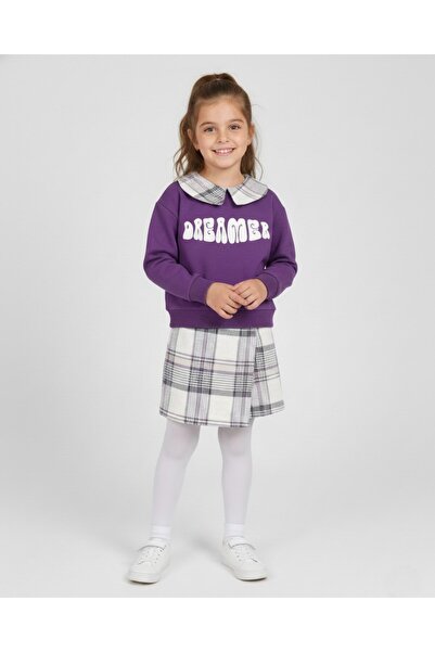 Ege Bebek Girl's Plaid Patterned Shorts with Skirt, Collared Sweatshirt, Ages...