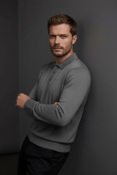WEMSEY Polo Neck Basic 100% Cotton Gray Knitwear Sweater