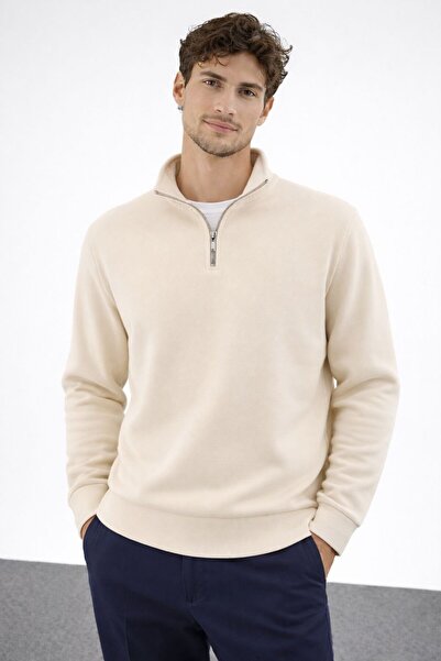 oraystore Men's Half Zipper Beige Basic Sweatshirt