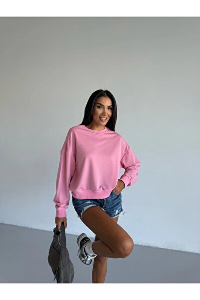 Butik Women's Pink Crew Neck 2 Thread Sweatshirt Hzl25W-Fry123391