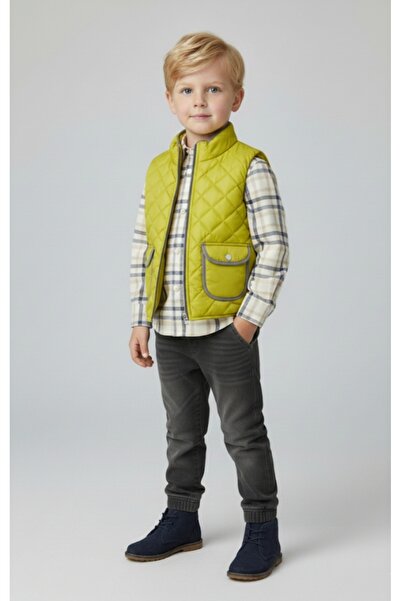 Bebüş Boys' Zipper Closure Pocket Padded Vest Woven Shirt Elastic Waist Linen...