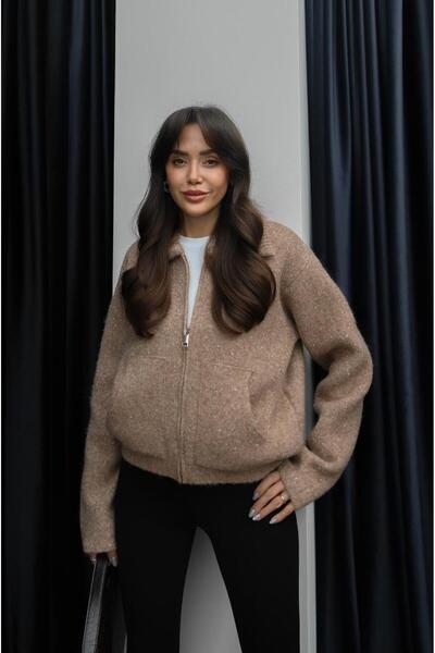 Havoş Koyu Bej Alvaro Yün Karışımlı Fermuarlı Hırka